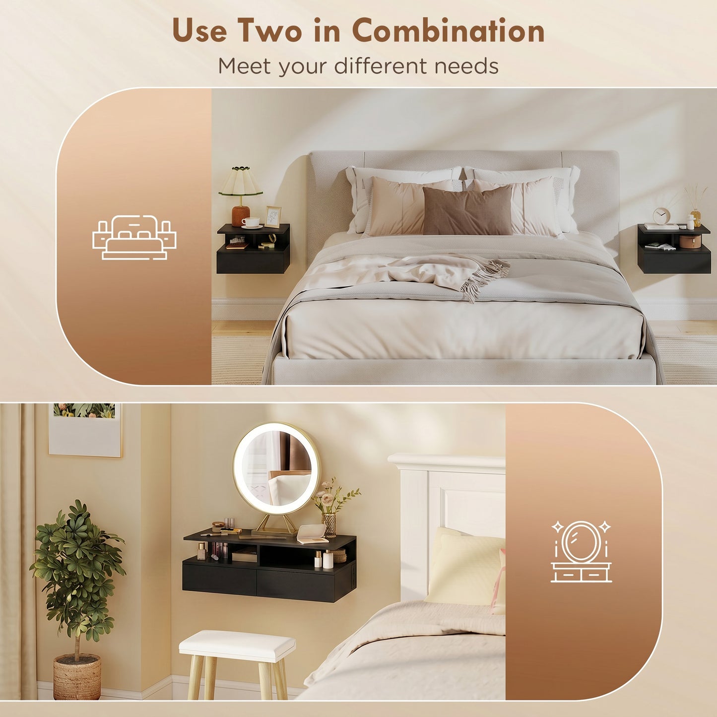 Floating Nightstand Set of 2, Wall Mounted Bedside Table with Power Outlets, Drawer and Shelf, Black