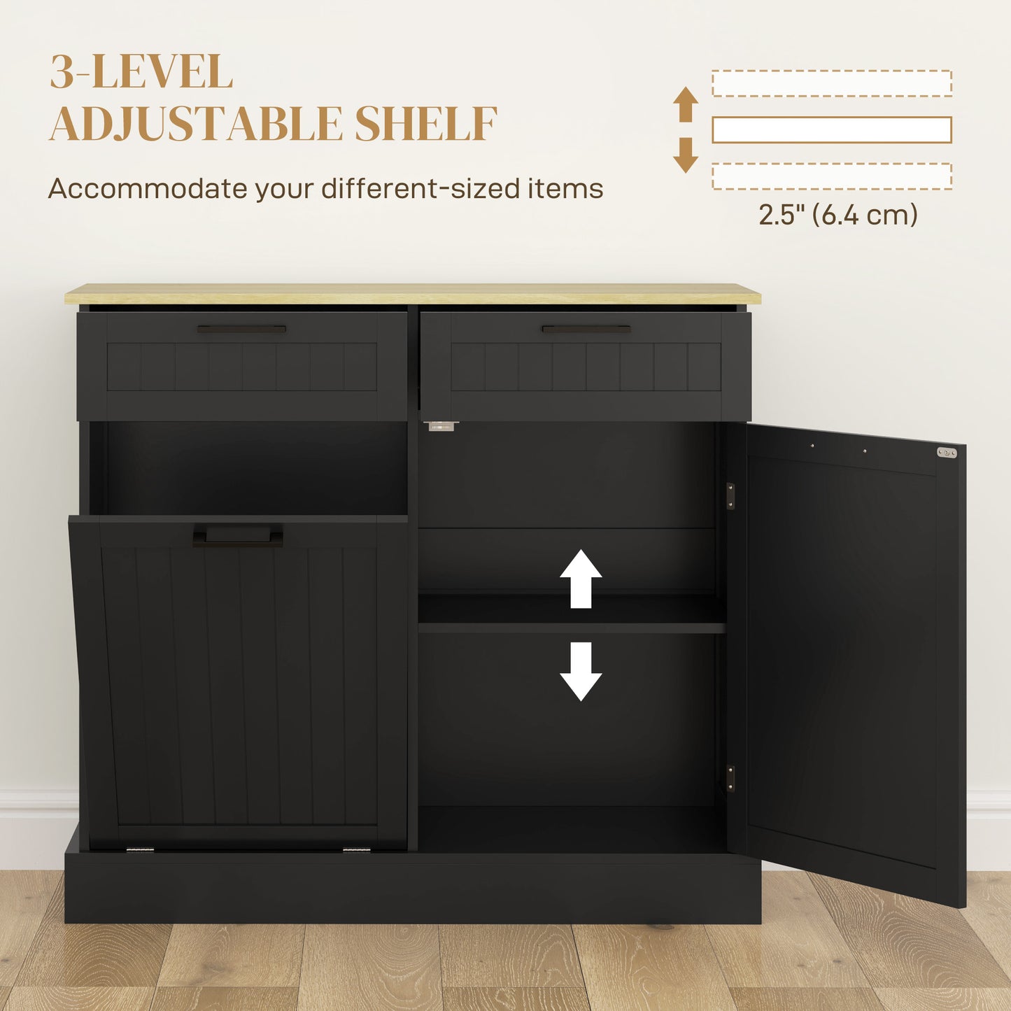 Hidden Garbage Bin Cabinet, Tilt Out Trash Cabinet w/ 2 Drawers, Freestanding Kitchen Island for Laundry, Black