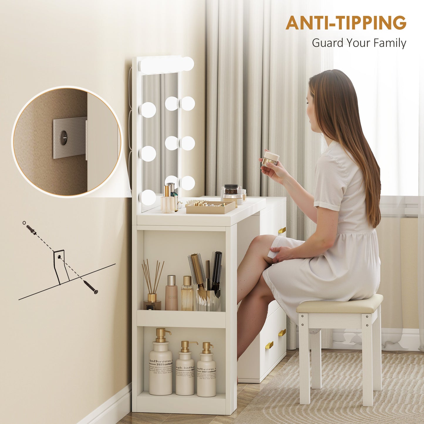 Vanity Desk with Mirror and 12 LED Lights, Makeup Table w/ Power Outlet, 3 Light Colour, 6 Drawers and 2 Shelves, White