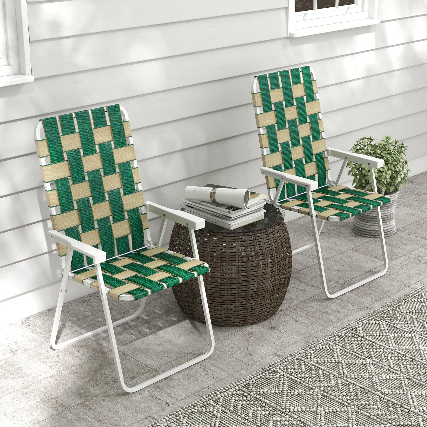 Set of 2 Folding Patio Chairs, Portable Chair Set with Armrests for Camping, Garden, Pool, Beach, Backyard, Green