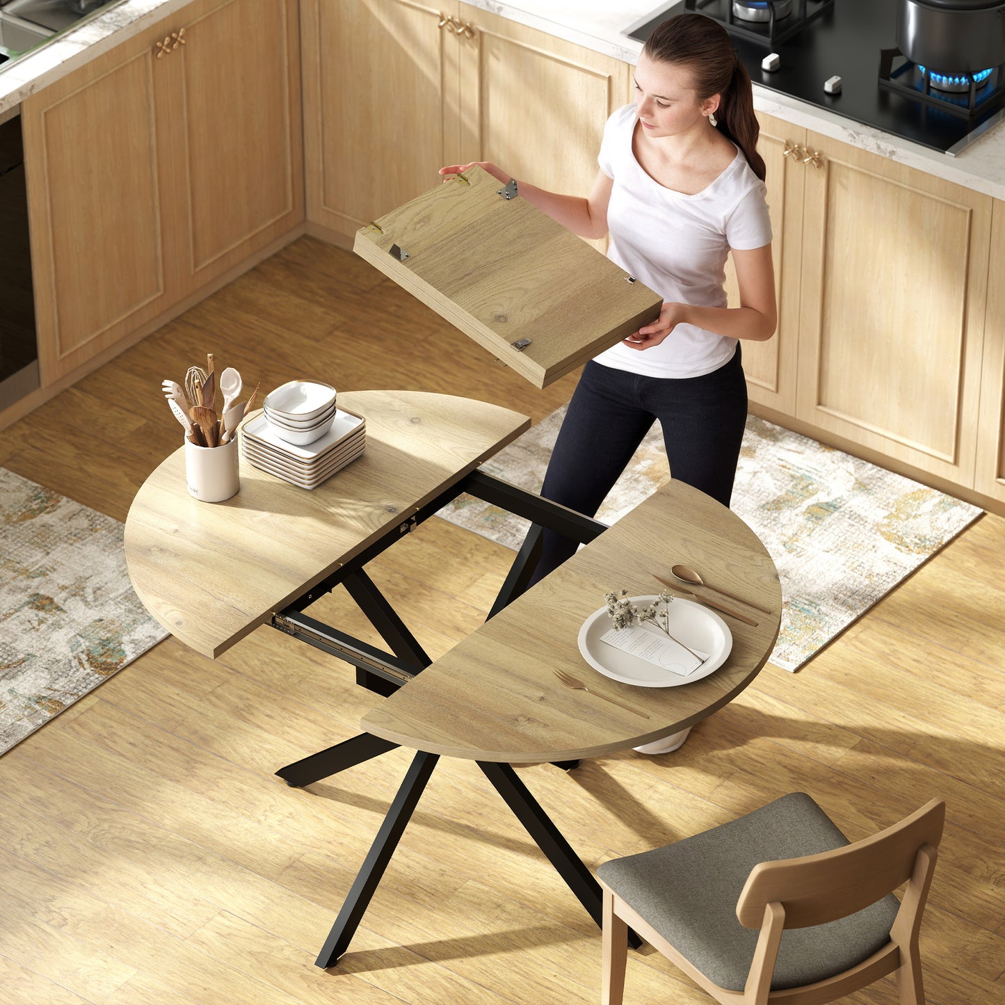 39.5"-53" Extendable Dining Table for 4-6, Industrial Kitchen Table with Butterfly Leaf and X-Shape Base, Natural Wood