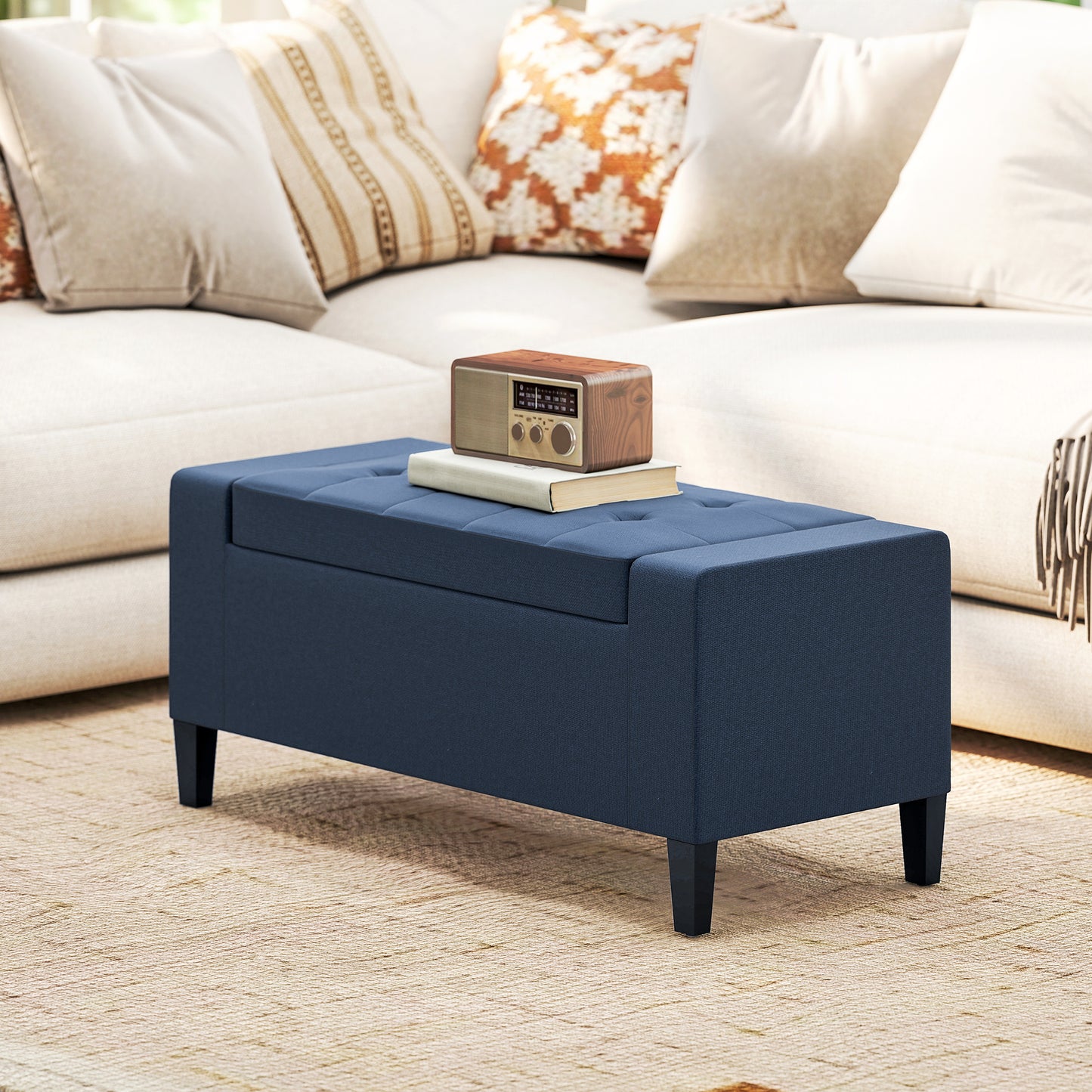 Storage Ottoman Bench, Linen Upholstered Bench with Tufted Design, Dark Blue