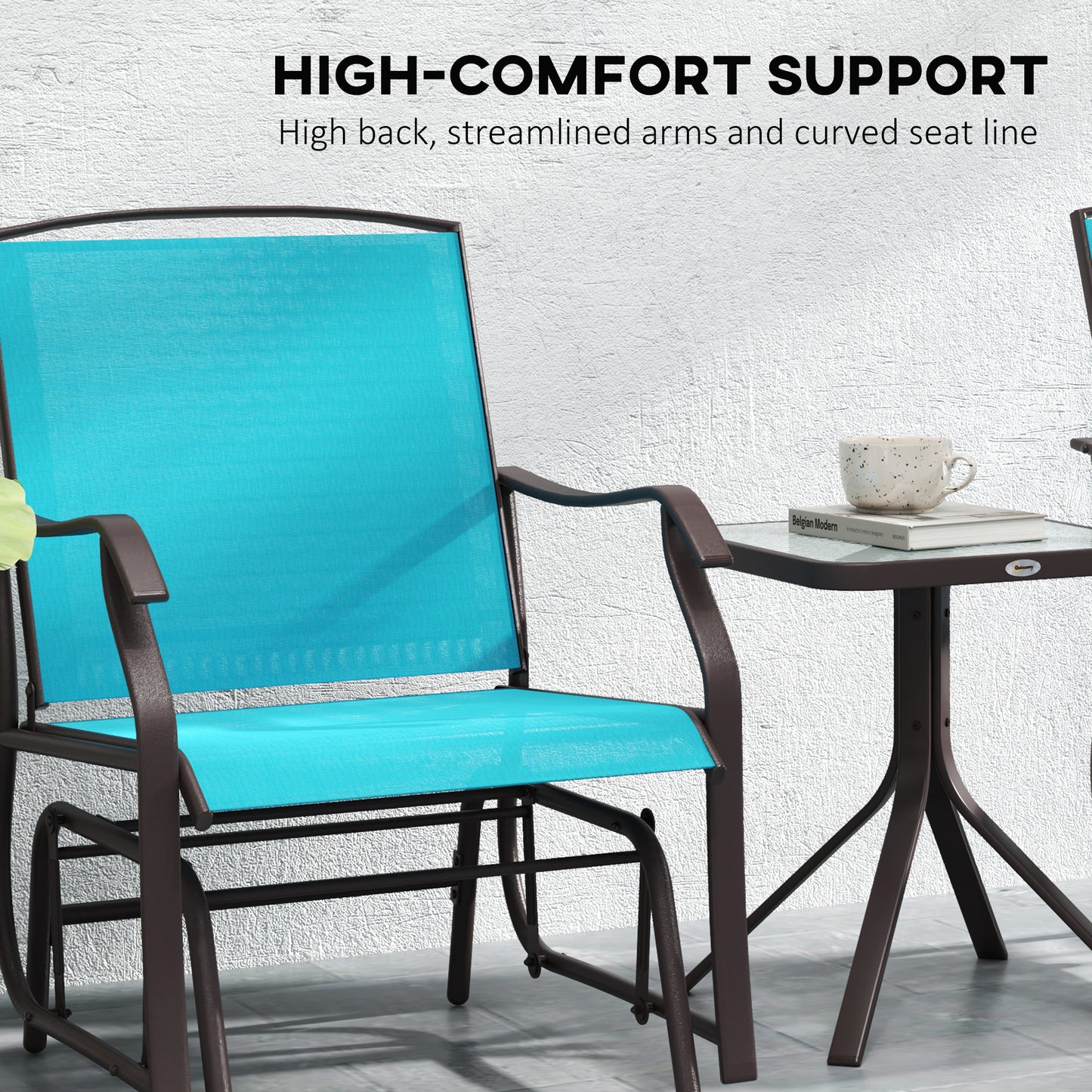 3 Piece Patio Glider Set Outdoor Gliders with Breathable Mesh Seat, Glass Top Table for Garden, Yard, Blue