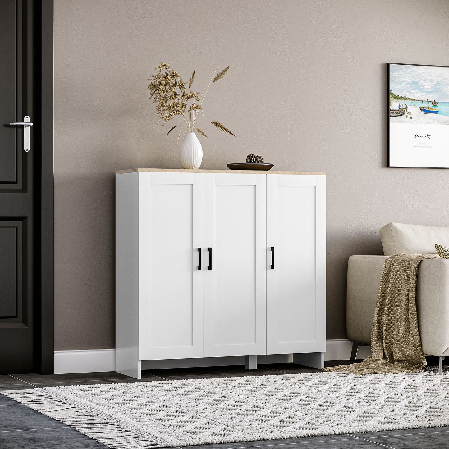 Modern Sideboard Cabinet with Adjustable Shelves, 3 Doors for Modern Kitchen & Dining Room, Ideal for Homeowners, White