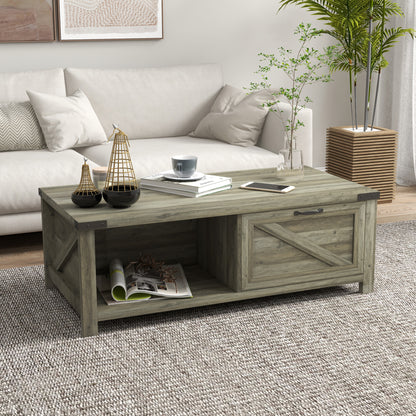 Farmhouse Coffee Table with Drawer and Shelf - Grey