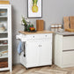 Rolling Kitchen Island with Storage, Kitchen Cart with Rubber Wood Top, Adjustable Shelf, Towel Rack, Hooks and Storage Drawers, White