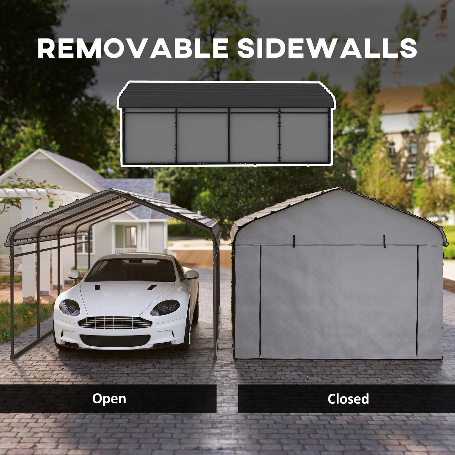 Metal Carport, Heavy Duty Garage Car Shelter with Galvanized Metal Roof and Removable Sidewalls, Light Grey