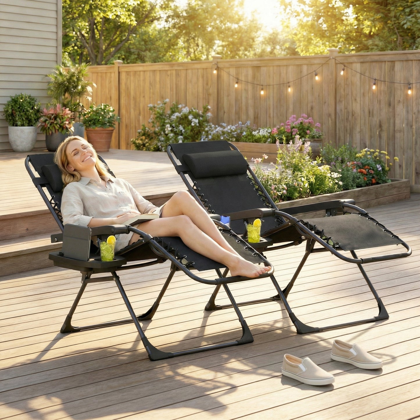 Zero Gravity Chair Set of 2, Folding Reclining Outdoor Lounge Chair with Cup Holder, Headrest, Brown - Black