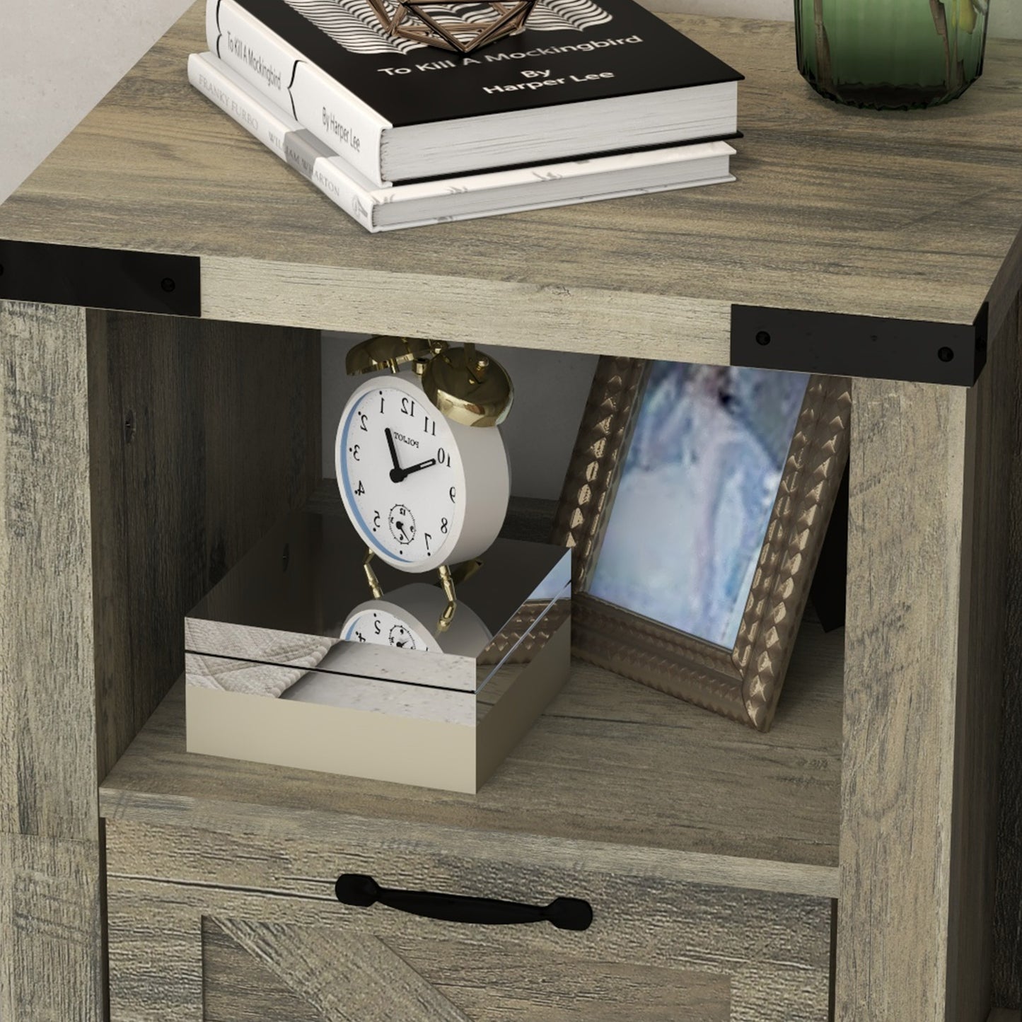 Small Side Table with Storage, Farmhouse End Table with Drawer, Open Shelf and Barn-style Panel, Nightstand for Living Room, Bedroom, Grey