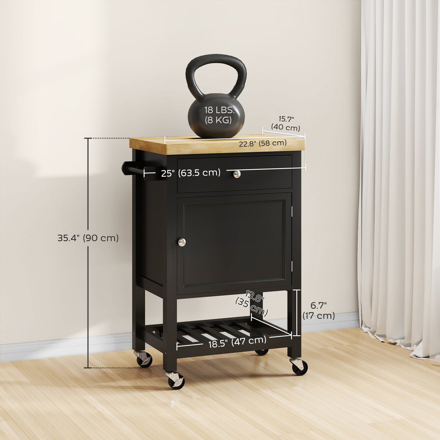 Kitchen Island on Wheels, Rolling Kitchen Cart with Wood Top, Towel Rack, Drawer and Shelf for Dining Area, Black
