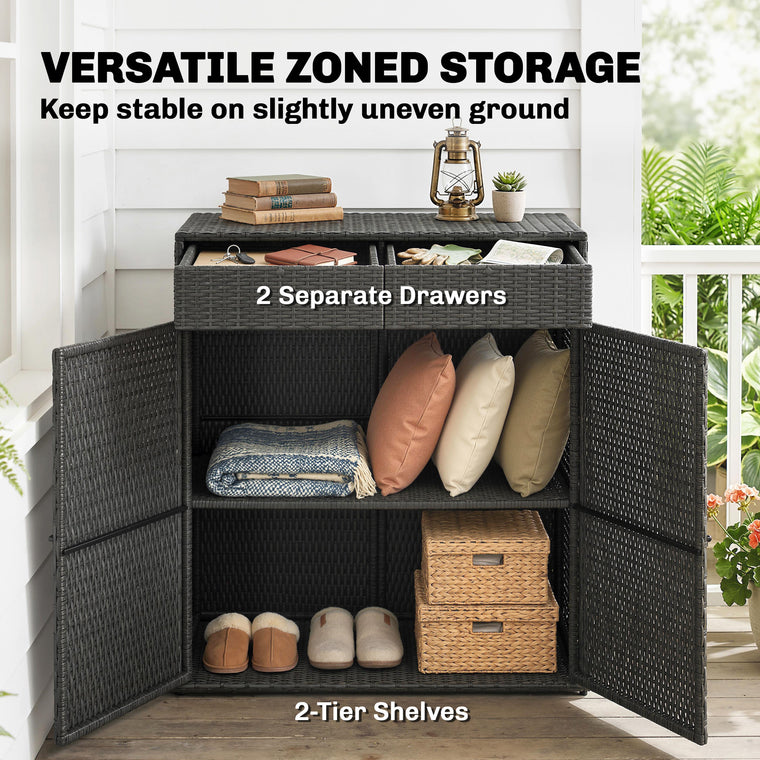 Wicker Storage Cabinet with 2 Doors & 2-Tier Shelf