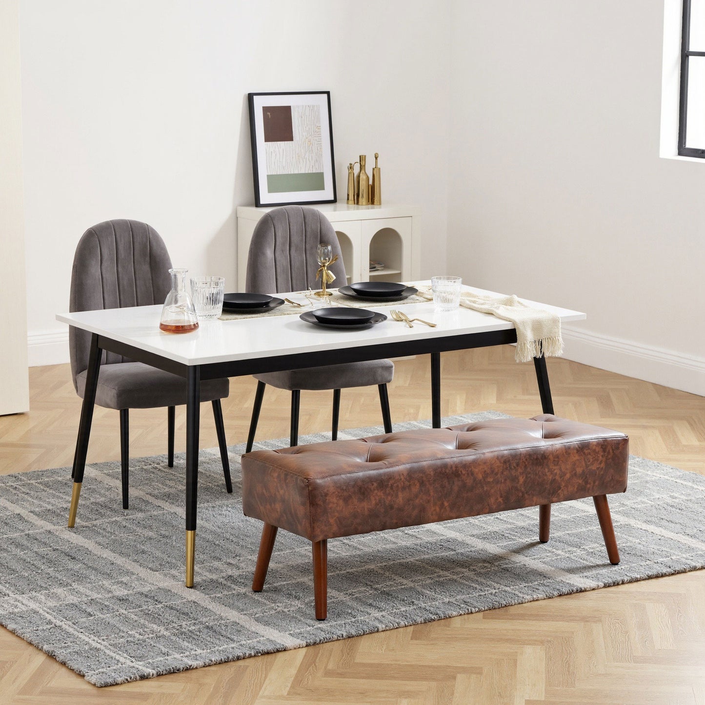 Bedroom Bench, End of Bed Bench with Button Tufted, PU Leather Upholstered Entryway Bench with Wood Legs, Brown