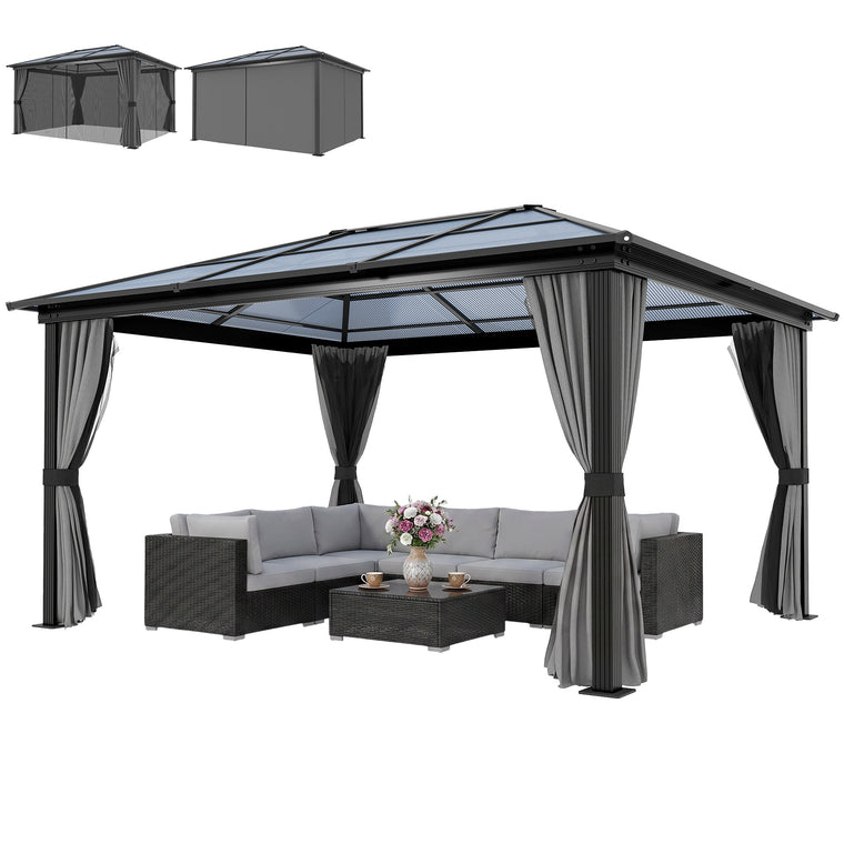 12' x 15' Dark Grey Hardtop Gazebo with Polycarbonate Roof & Curtains