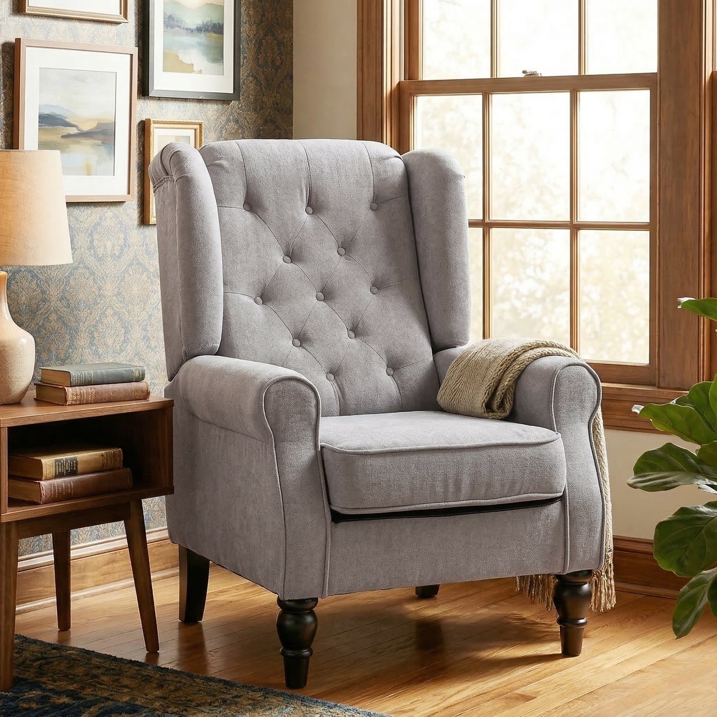 Fabric Accent Chair, Button Tufted Armchair, Upholstered Modern Living Room Chair, Wingback Chair with Wood Legs, Rolled Arms, Thick Padding for Bedroom, Grey