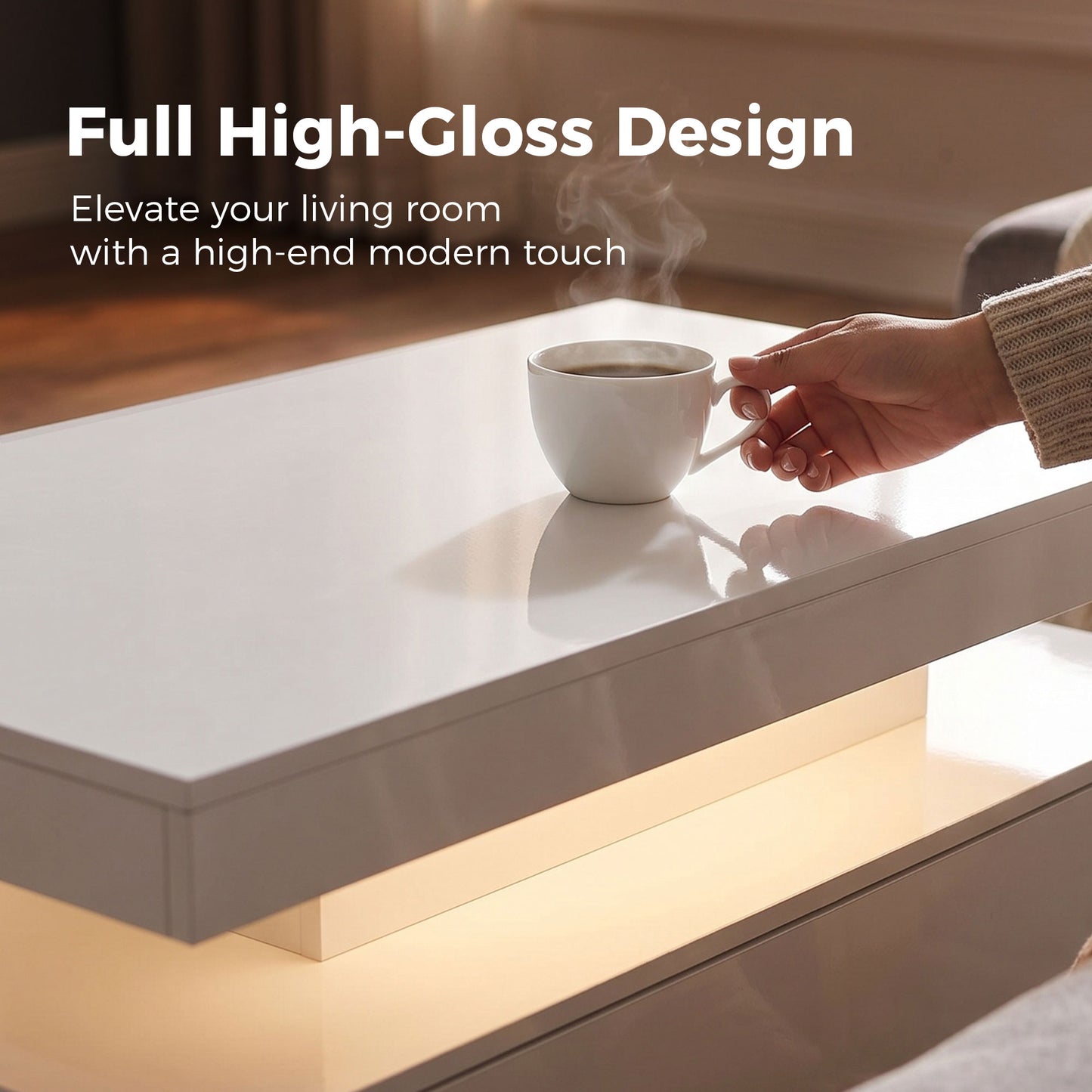 LED Coffee Table with Storage, 2-Tier Modern Center Table with 2 Drawers for Living Room, High Gloss White