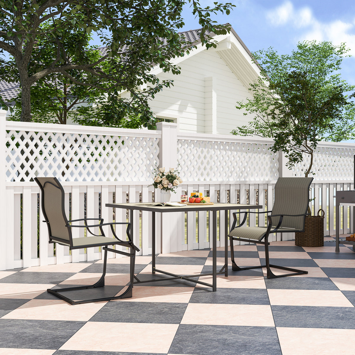 C Spring Motion Patio Chairs Set of 2 with Curved High Backrest, Armrest, All Weather Breathable Fabric, Metal Frame