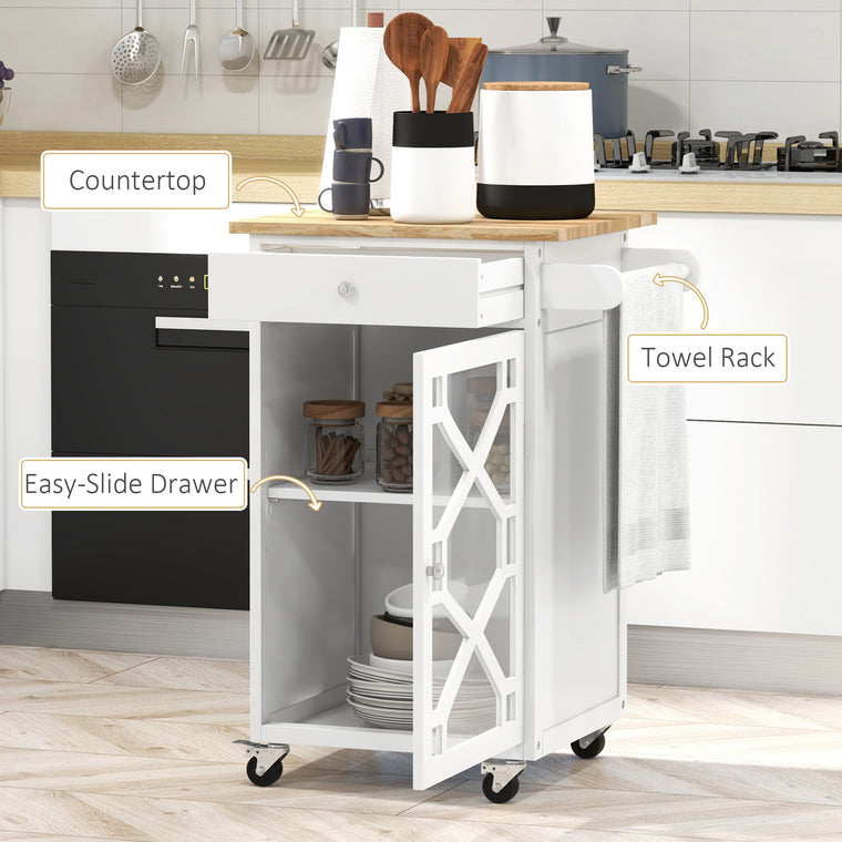 Rolling Kitchen Cart with Drawer and Glass Door - White