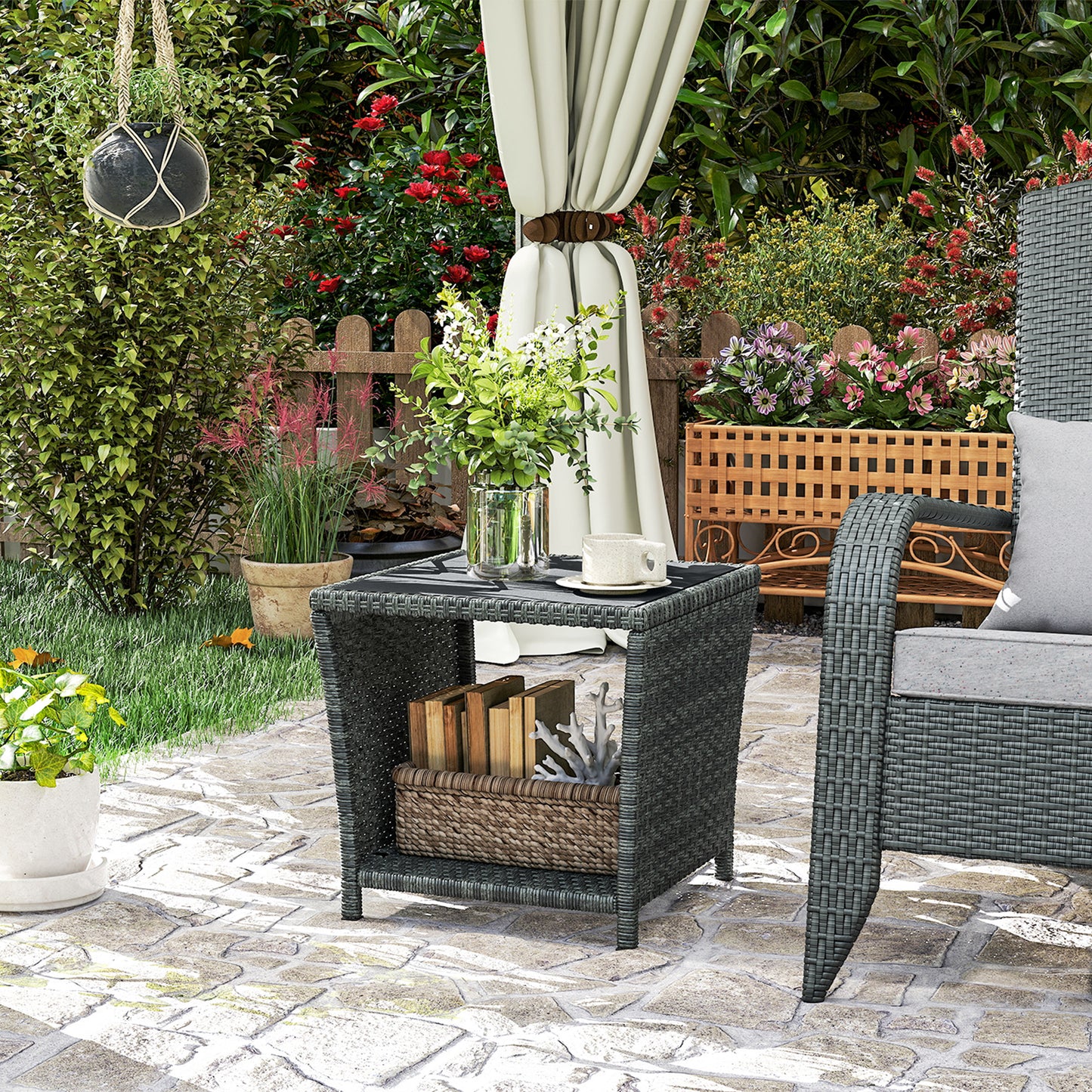 17.7" Wicker Side Table with Storage Shelf, Square PE Rattan Outdoor End Table with PS Wood Slat Top, Grey