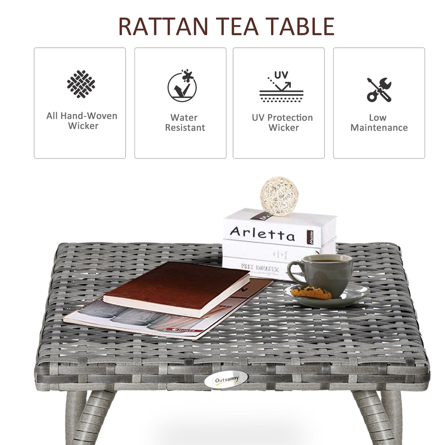 18" Rattan Coffee Table Outdoor Side Table Patio Wicker Furniture, Small Square with All-Weather PE for Garden, Balcony, Backyard, Poolside, Grey