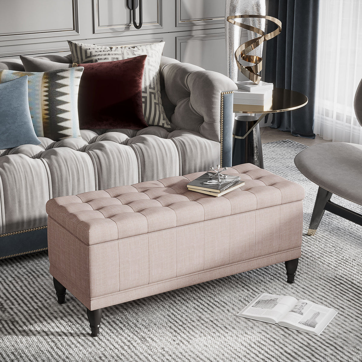Storage Ottoman, Linen Fabric End of Bed Bench with Soft Close Lid, Button Tufted Storage Bench for Living Room, Entryway or Bedroom, 42" x 17" x 19", Beige
