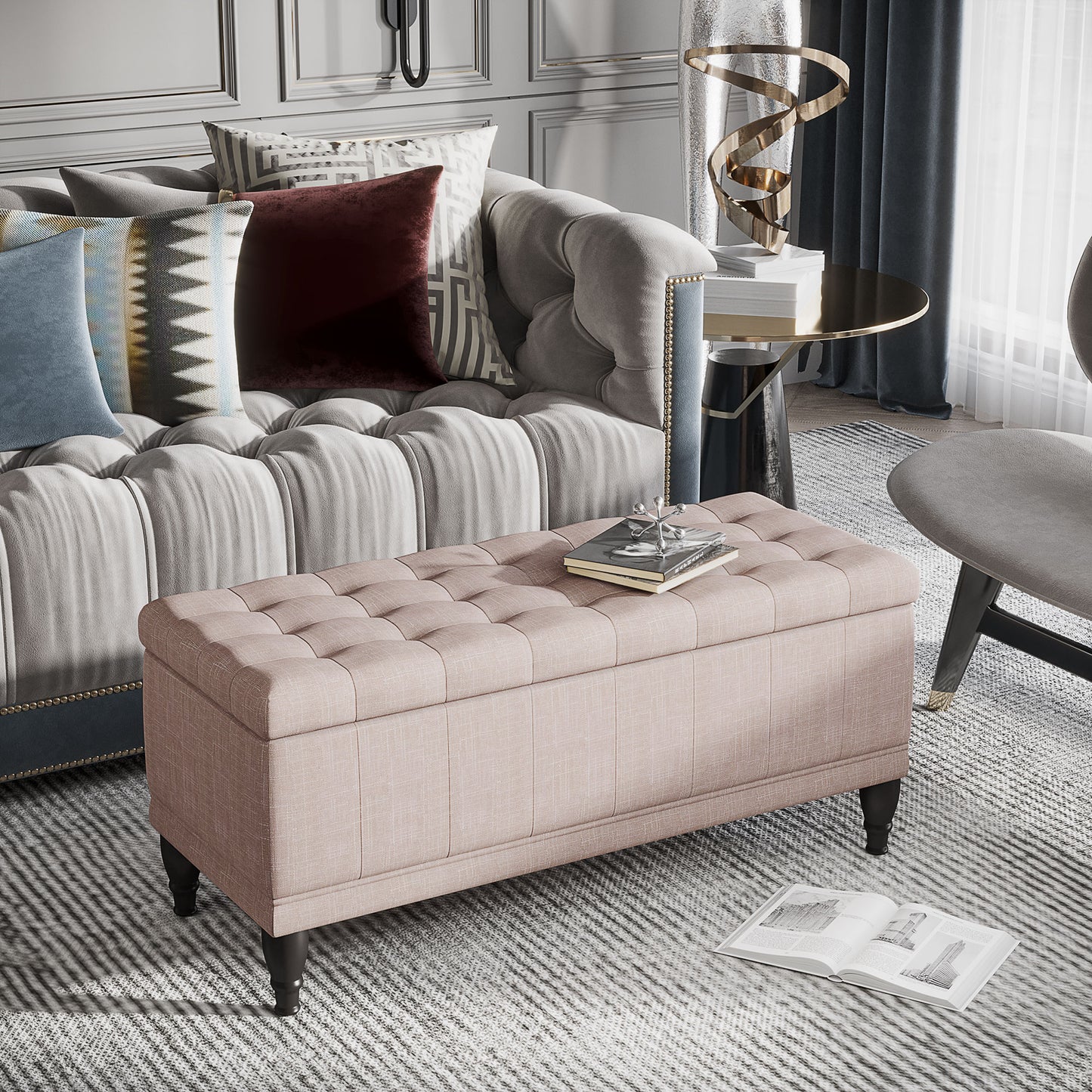 Storage Ottoman, Linen Fabric End of Bed Bench with Soft Close Lid, Button Tufted Storage Bench for Living Room, Entryway or Bedroom, 42" x 17" x 19", Beige