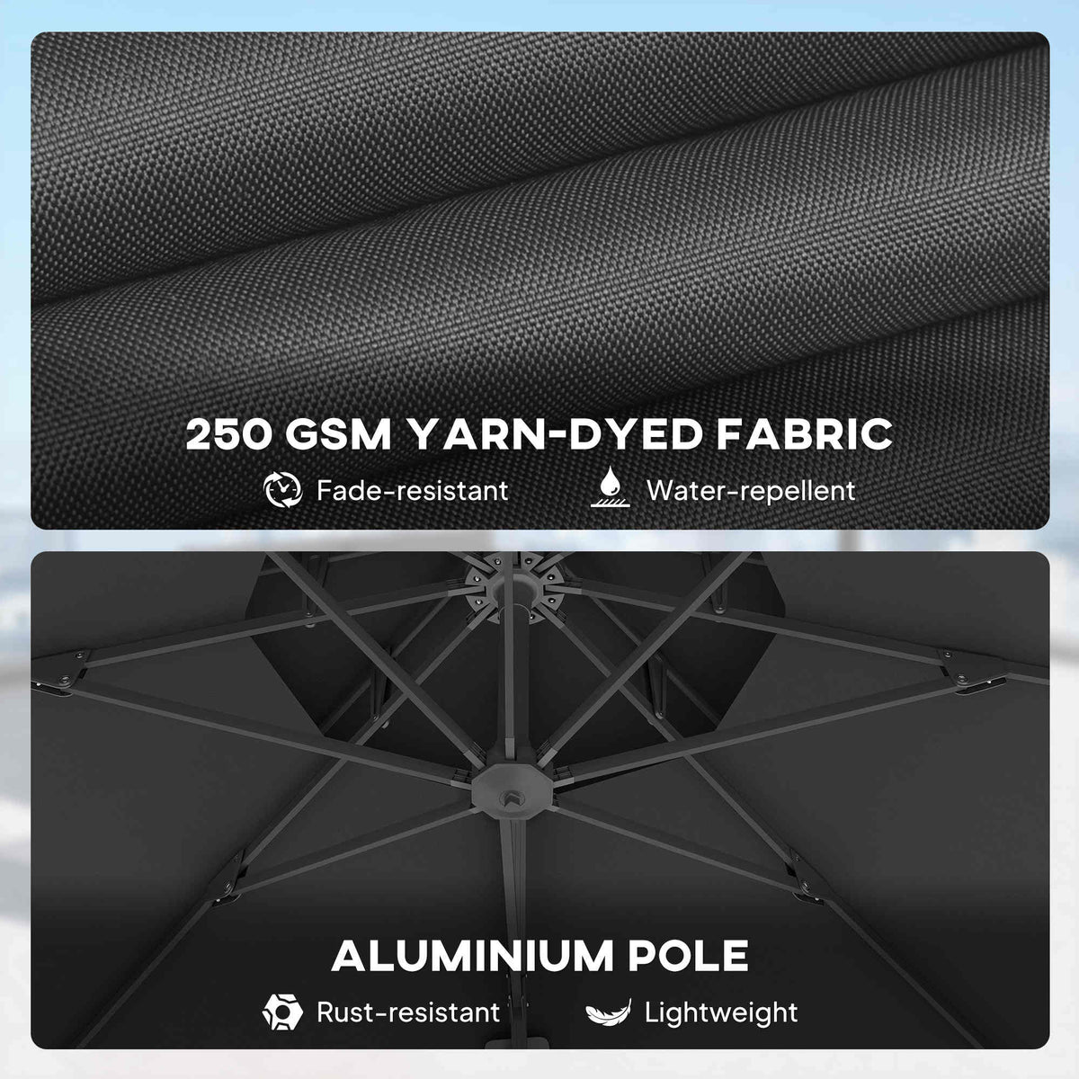 11ft Dark Grey Aluminum Cantilever Umbrella, Adjustable Angle