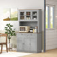 71" Pantry Cabinet with Microwave Space, Buffet with Hutch, 2 Drawers, Adjustable Shelves and Glass Doors, Grey