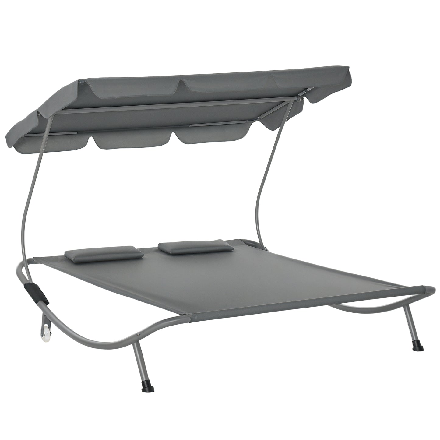 Double Patio Lounger with Adjustable Canopy, Outdoor Daybed Hammock Lounger with Headrest Pillows, Two Moving Wheels for Poolside, Garden, Grey