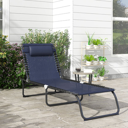 Folding Lounge Chair, Adjustable Chaise Lounge with Headrest, Reclining Lounger Cot for Camping, Hiking, Light Grey - Dark Blue