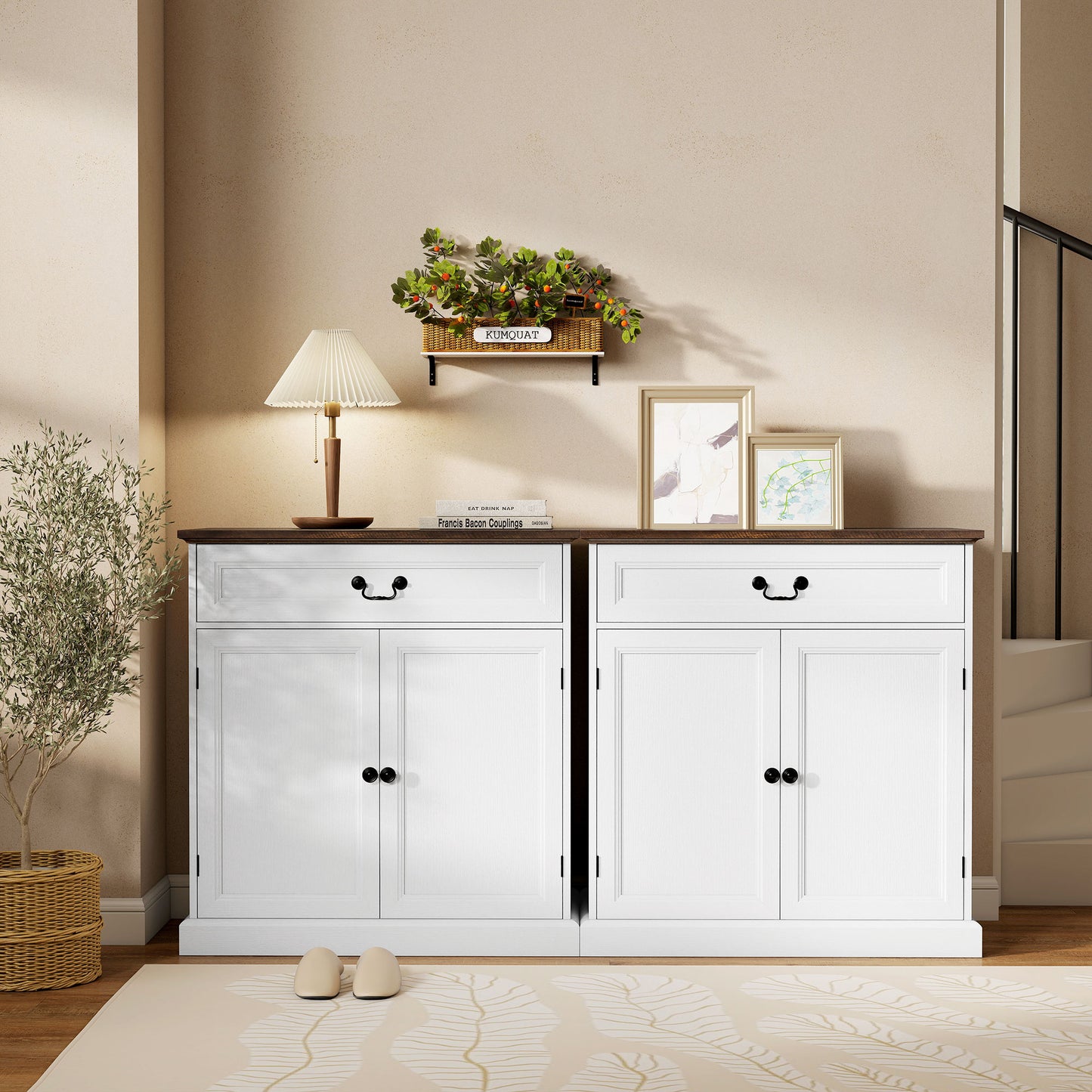 Buffet Cabinet, 32" Farmhouse Sideboard with Thick Top, Quiet Drawer and Adjustable Shelf, White Wood Grain