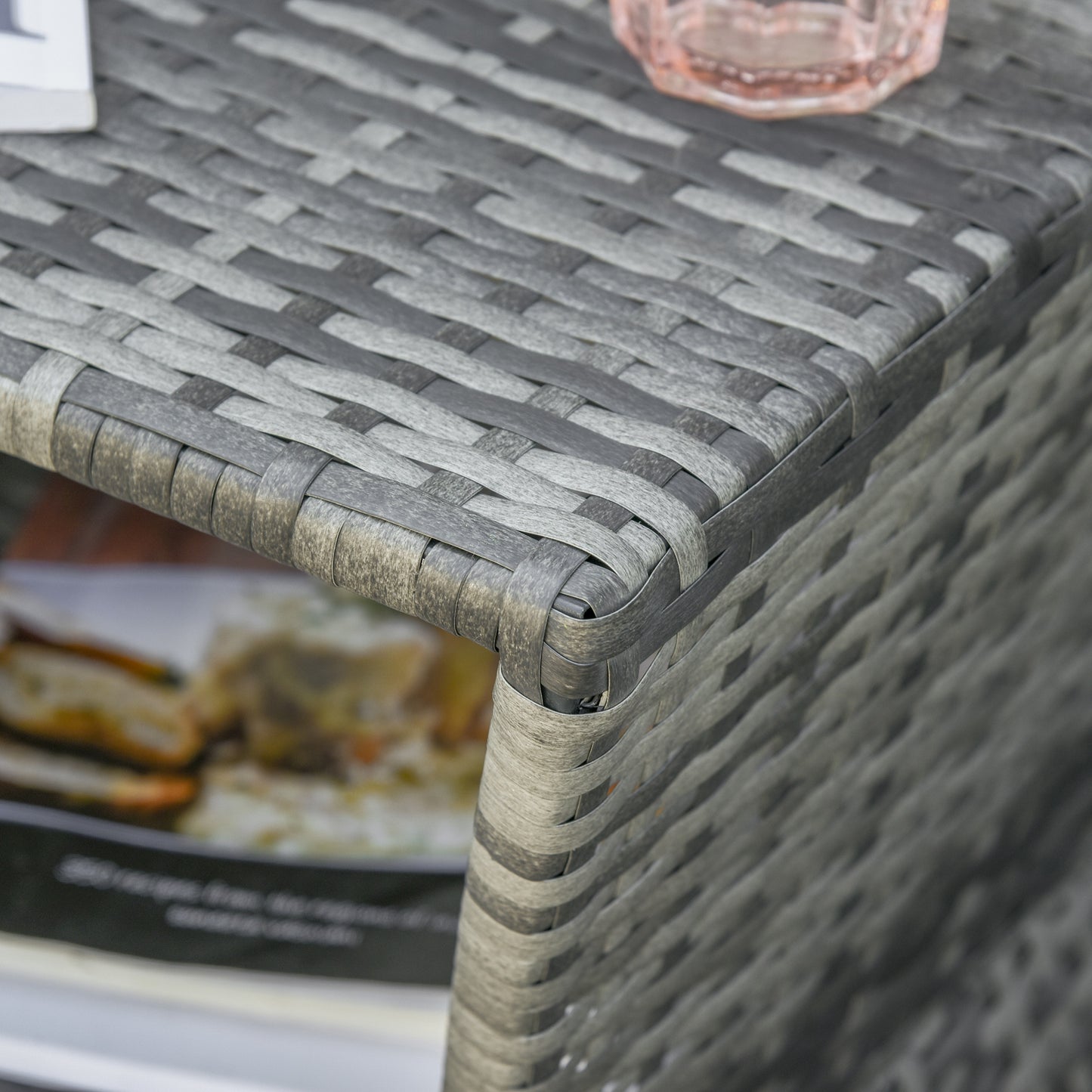 Rattan Wicker Side Table, 21.3" Square Outdoor End Table with Umbrella Hole 2-Tier Storage for Patio Garden Mixed Grey