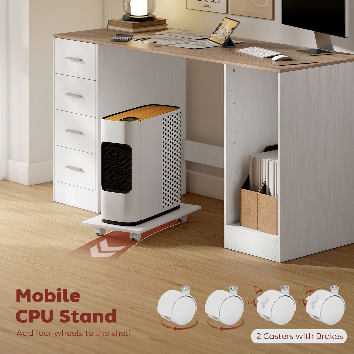 Office Desk, 55" Computer Desk with 4 Reversible Drawers, Mobile PC Stand, Adjustable Shelf, White Wood Grain