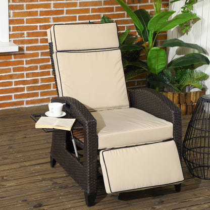 Outdoor Recliner Chair with Adjustable Backrest, Cushion, Side Tray, Black - Khaki
