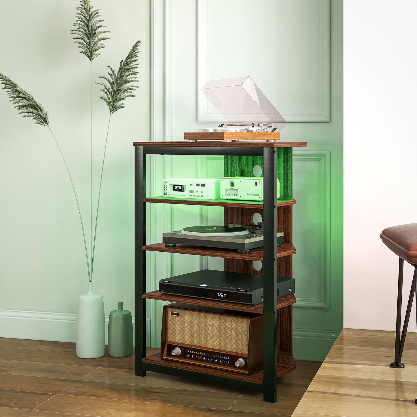 TV Stand for TVs up to 29", Entertainment Center with 4-Tier Storage Shelves and LED Lights for Living Room