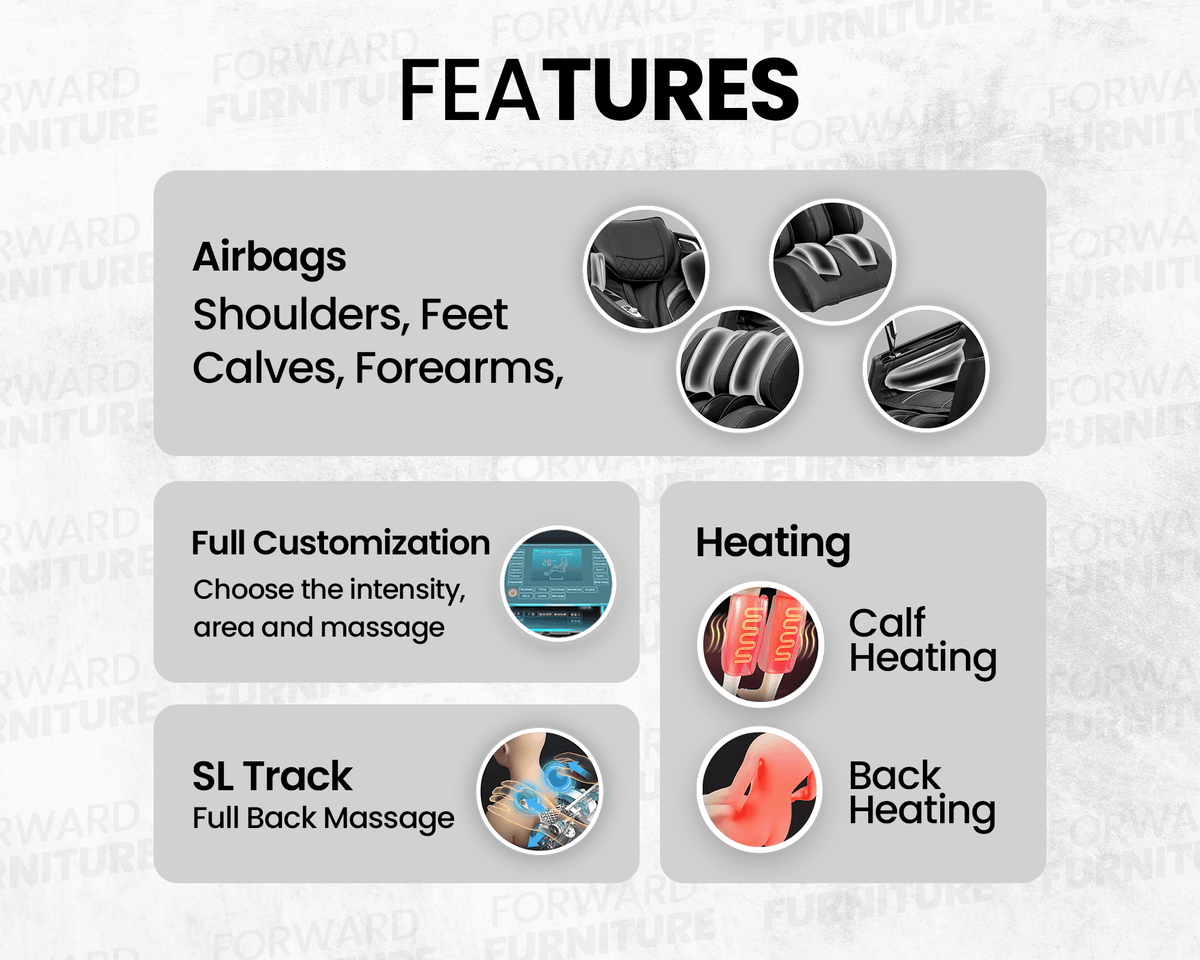 Nirvana massage chair features overview with airbags, SL track, heating zones, and full customization