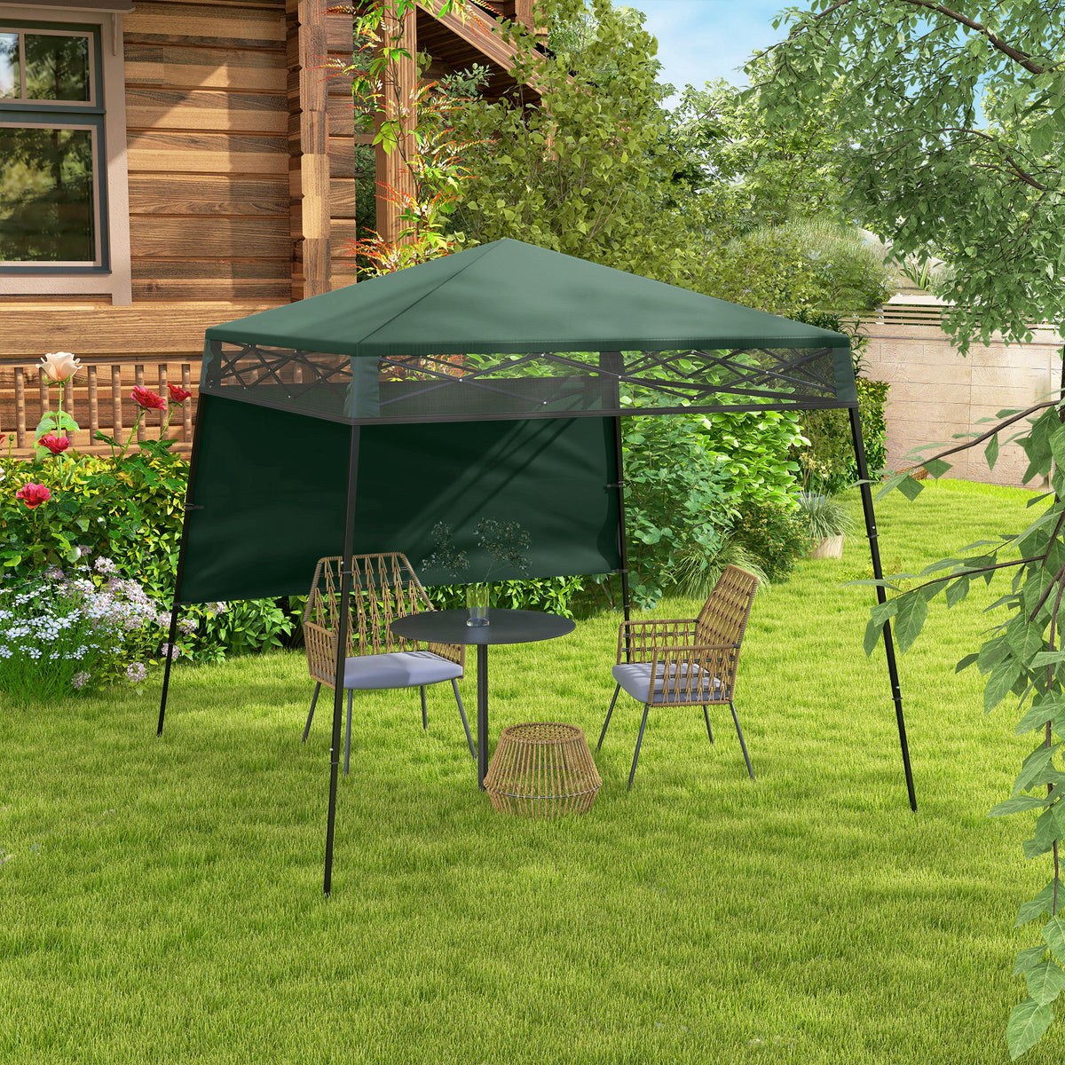 7' x 7' Green Pop-Up Canopy Tent with Backpack & Inclined Legs