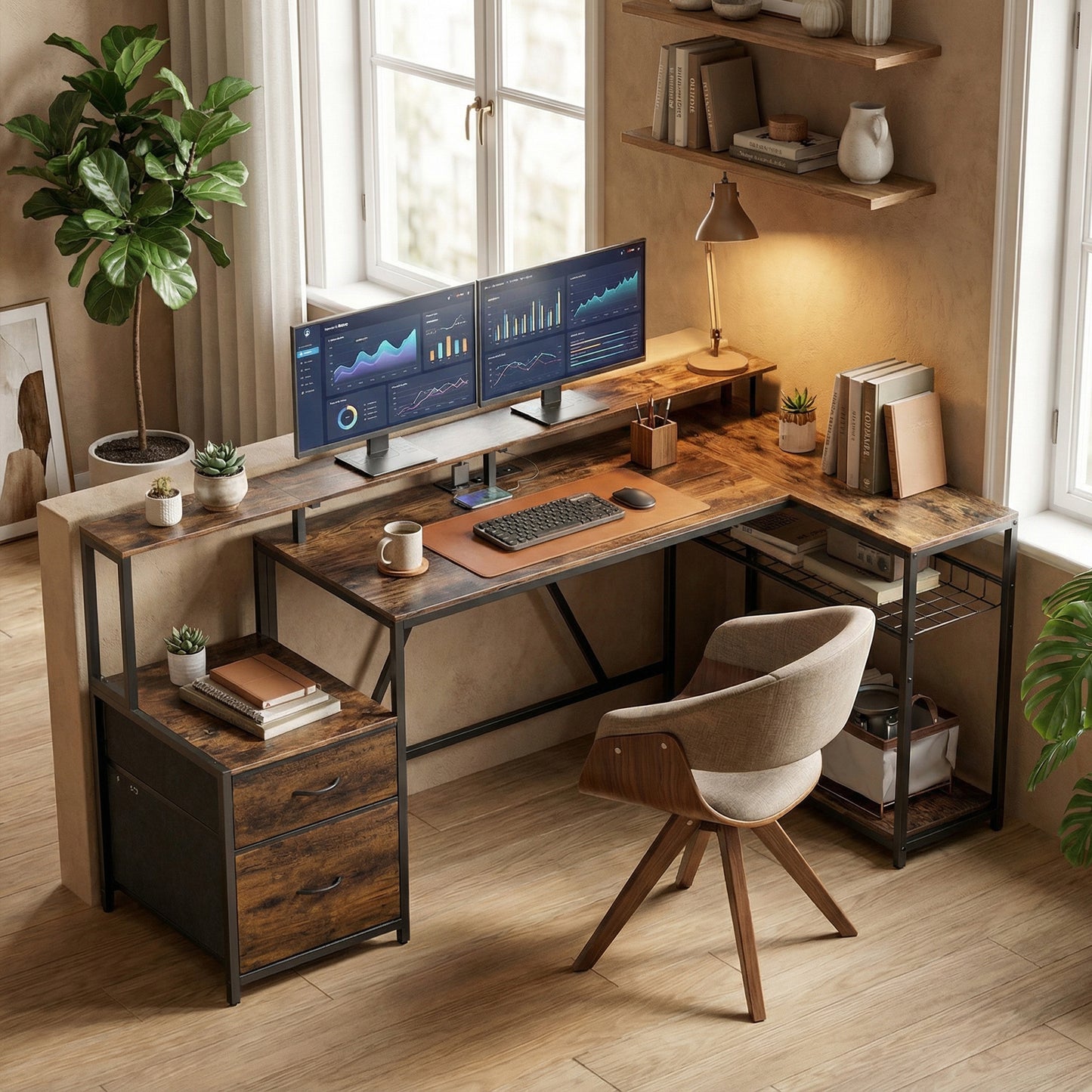 76" Gaming Desk, Computer Table with RGB Lights, USB Ports, Monitor Stand and 2 Fabric Drawers, Rustic Brown