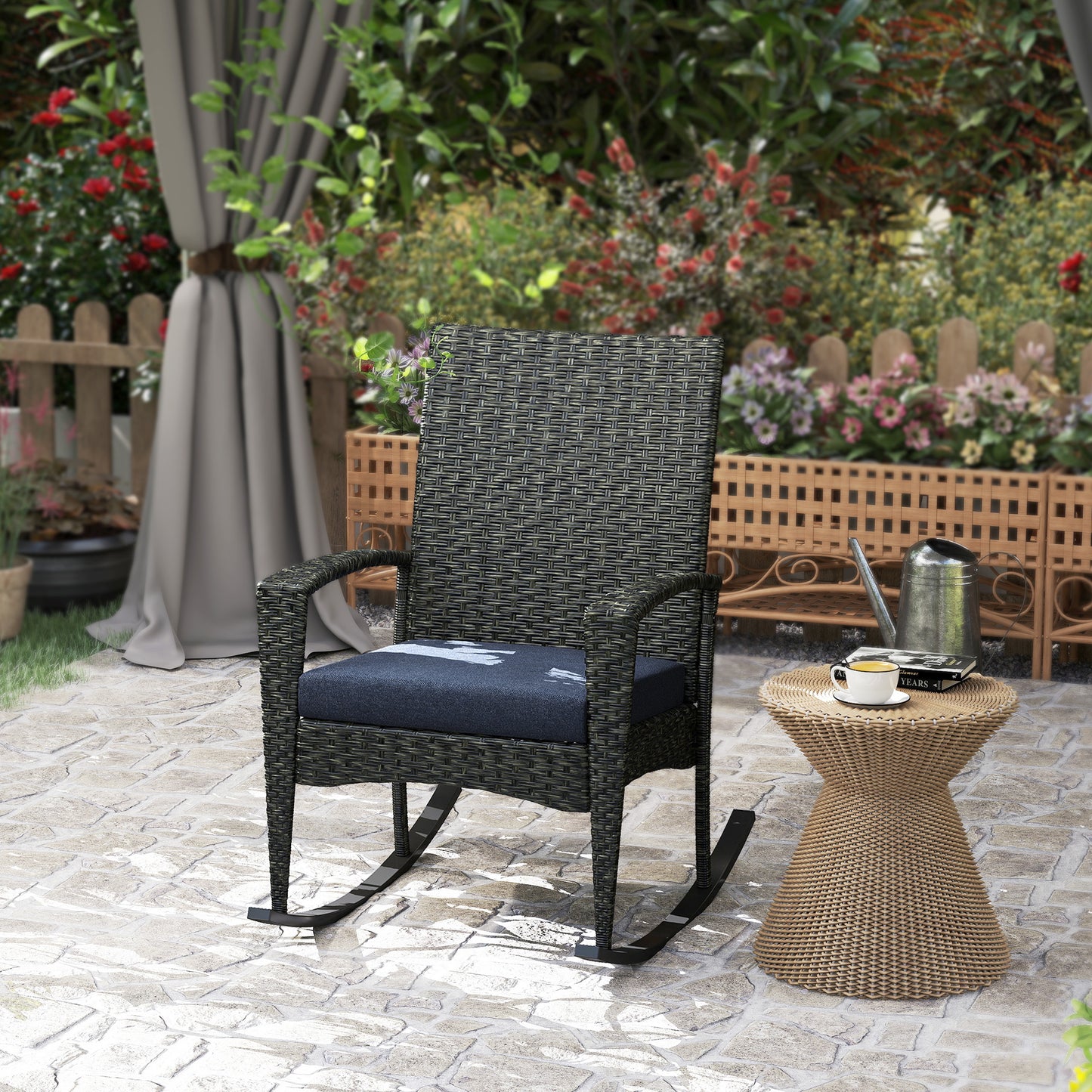 Outdoor Rocking Chair, Patio Wicker Chair Removable Cushion, High Back and Armrests for Porch Balcony, Navy Blue