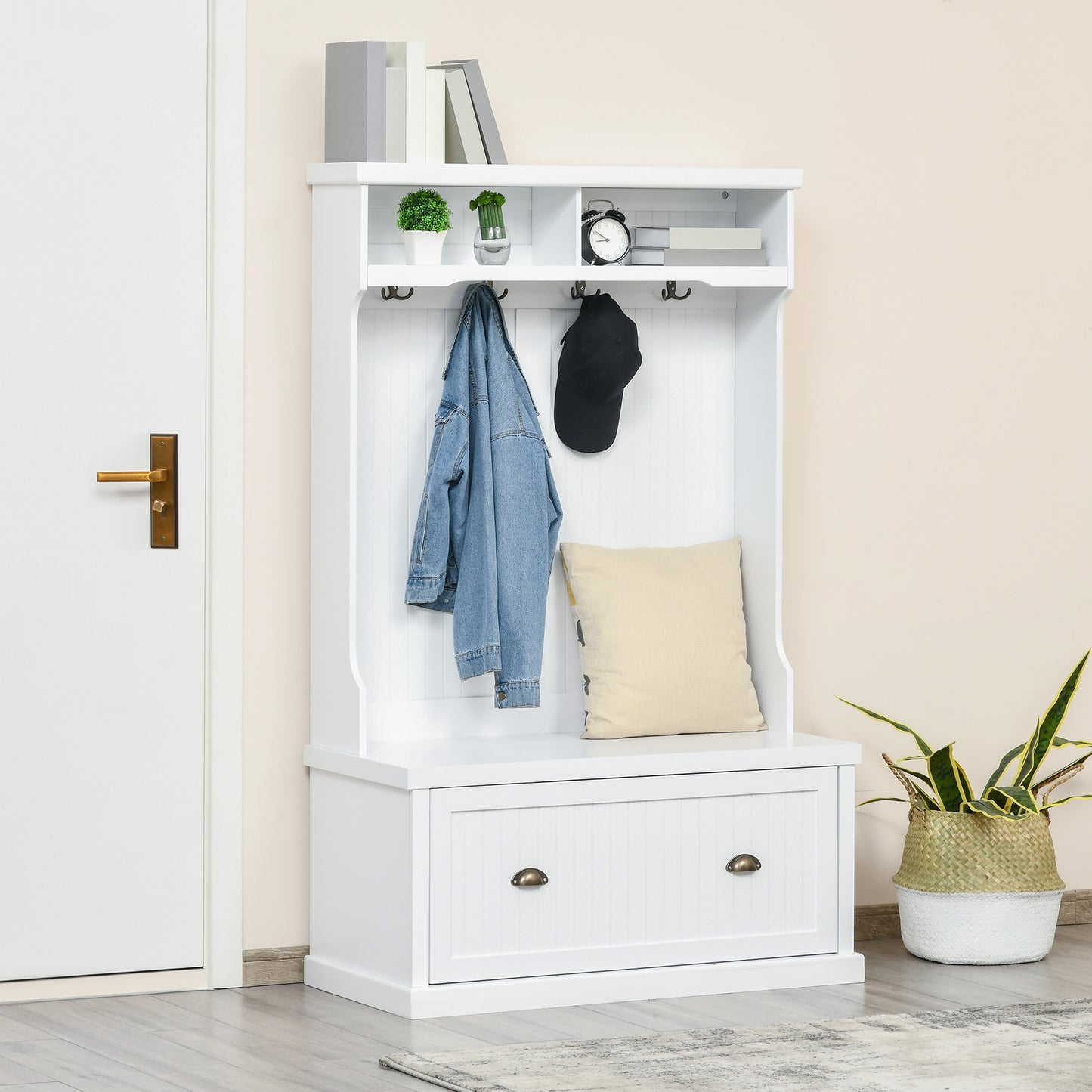 64.5" H Hall Tree with Storage Drawer & Top Shelf, Coat Rack Wooden Entryway Storage Bench Hall Tree Hallway Clothes Bag Coat Rack 4 Hooks, White