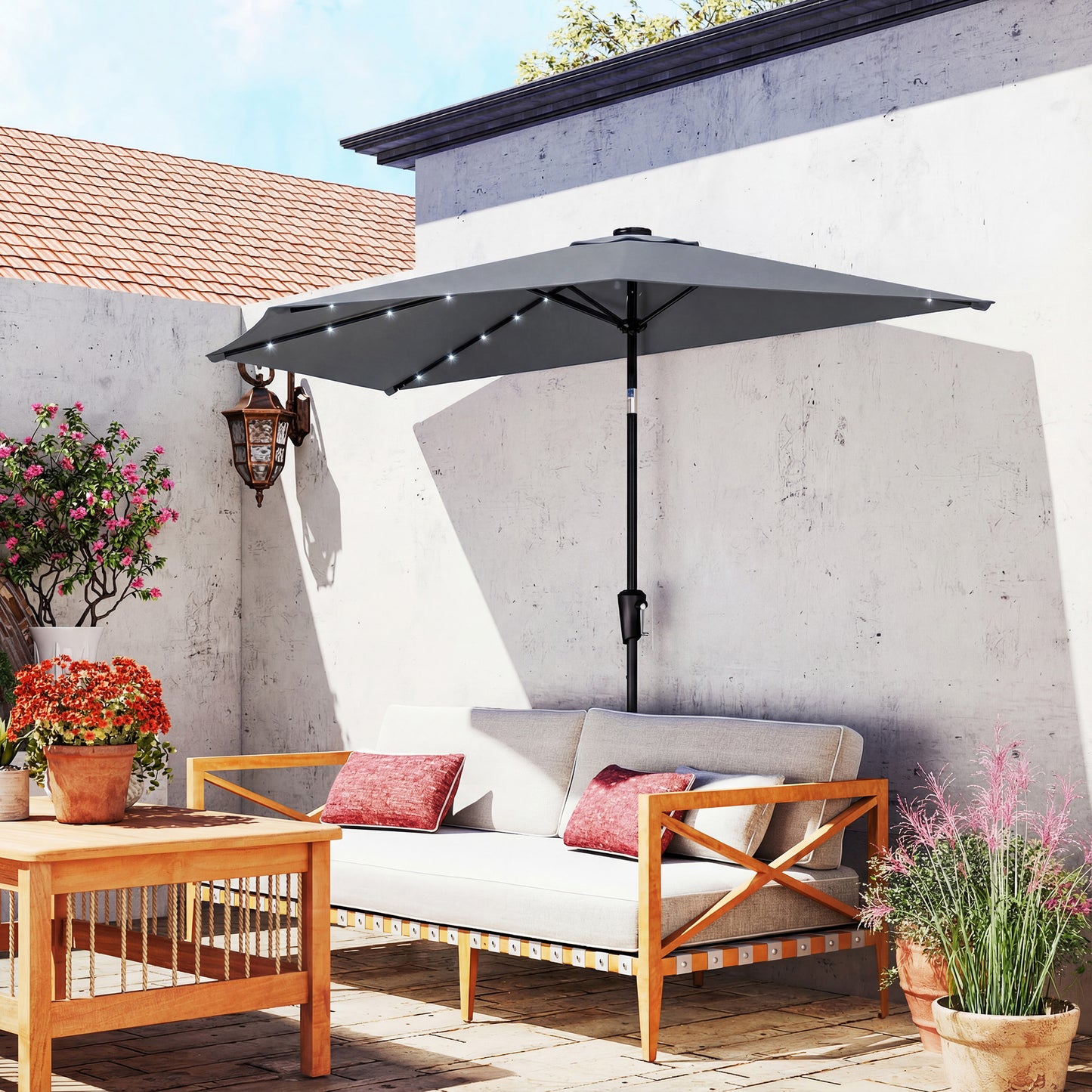 9ft Dark Grey Half Patio Umbrella with Solar LED Lights