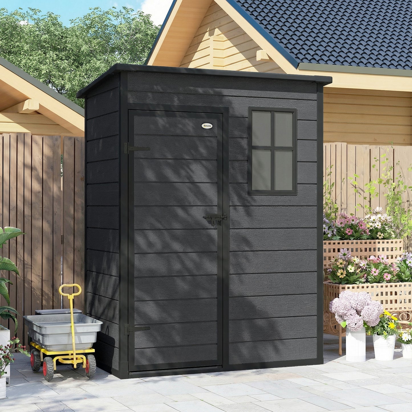 5 x 3FT Garden Shed with Floor, Outdoor Storage Shed with Lockable Door, Window and Vent for Backyard, Patio, Dark Grey
