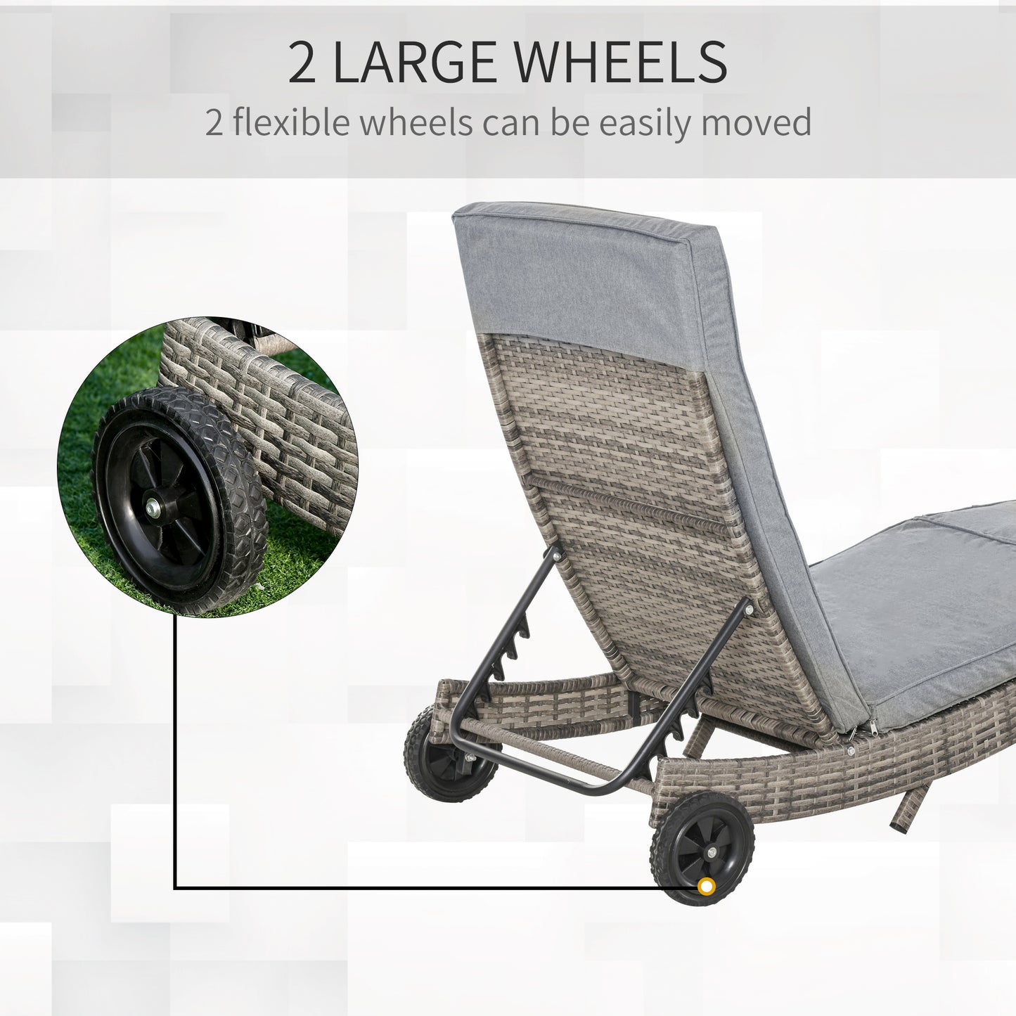 Outdoor Adjustable Wicker Chaise Lounge Chair with Cushion & Wheels for Patio, Deck, Poolside, Grey