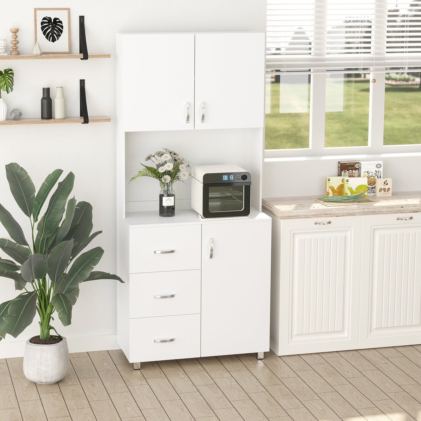 Freestanding Kitchen Buffet with Hutch Storage Organizer with 2 Door Cabinets, 3 Drawers and Open Countertop, Adjustable Shelf for Dining Room Pantry, White