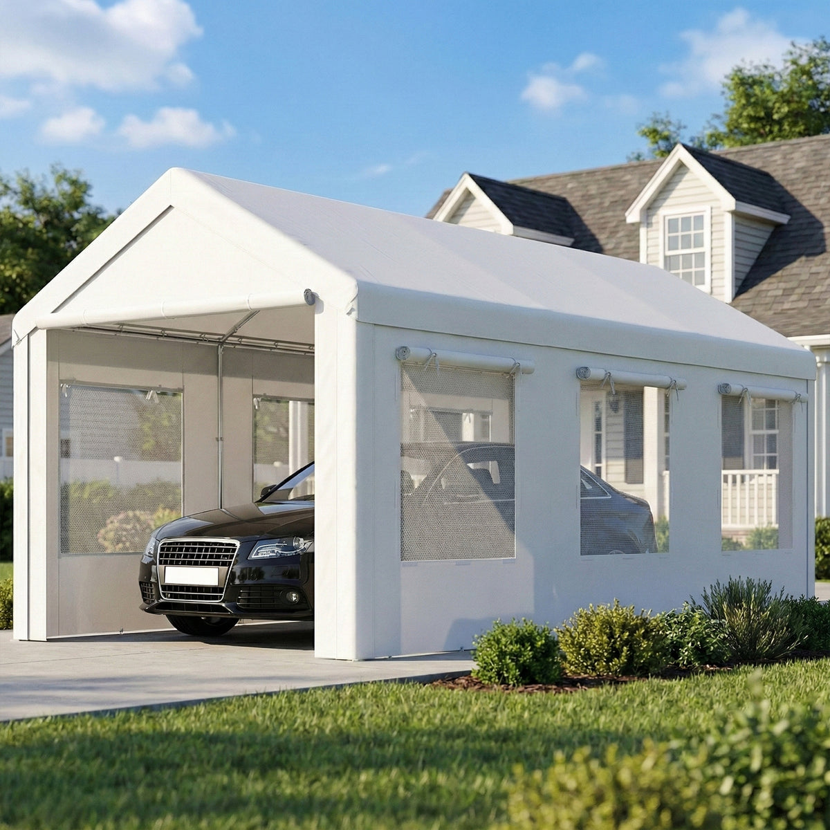 10' x 20' White Heavy Duty Carport with Doors & Windows
