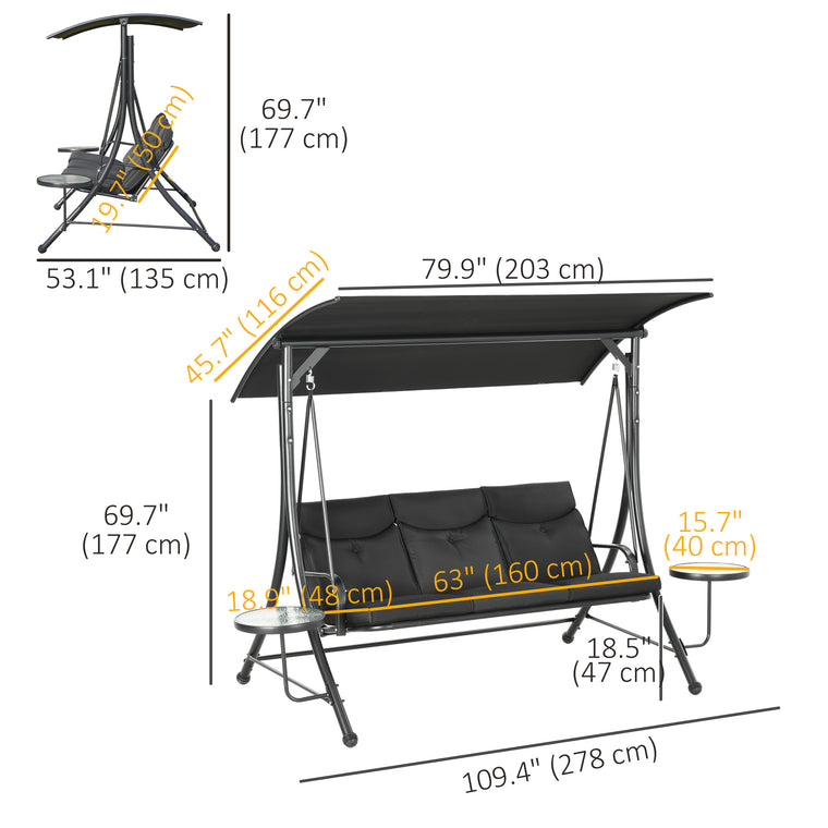 Black Steel Swing Bench with Adjustable Canopy and Table