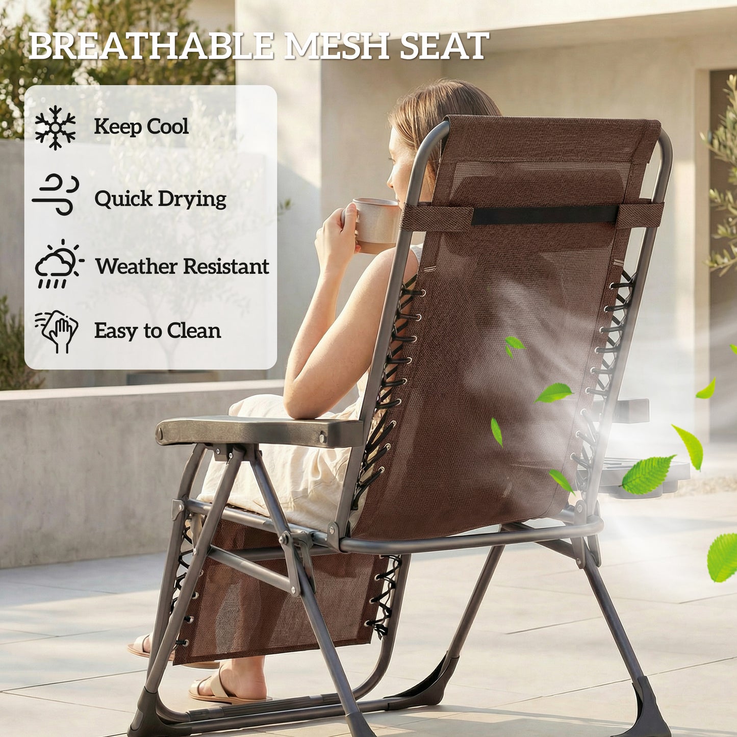 Zero Gravity Chair Set of 2, Folding Reclining Outdoor Lounge Chair with Cup Holder, Headrest, Brown