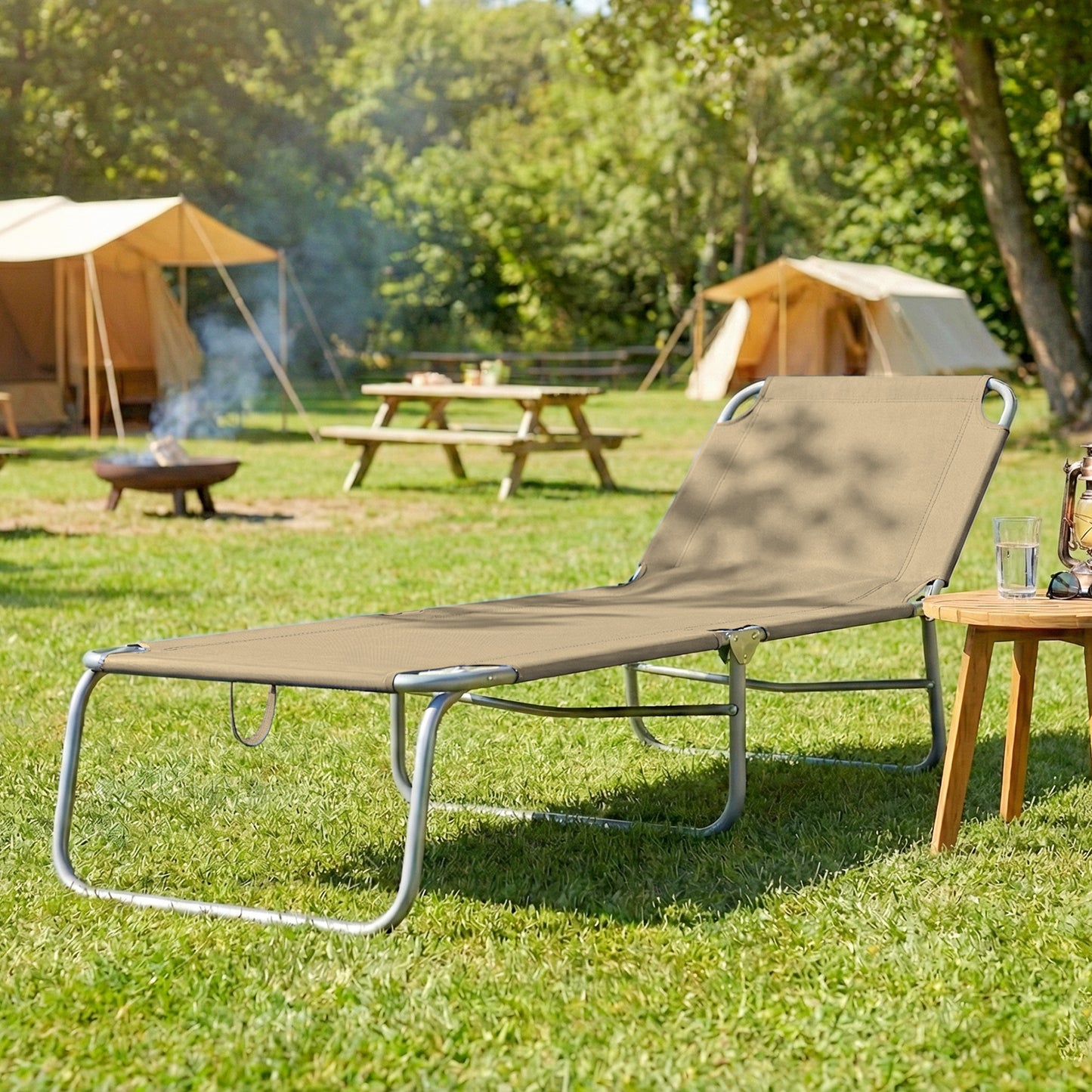 Folding Outdoor Lounge Chair Reclining Tanning Chair with Breathable Mesh Fabric for Patio Garden Pool, Brown