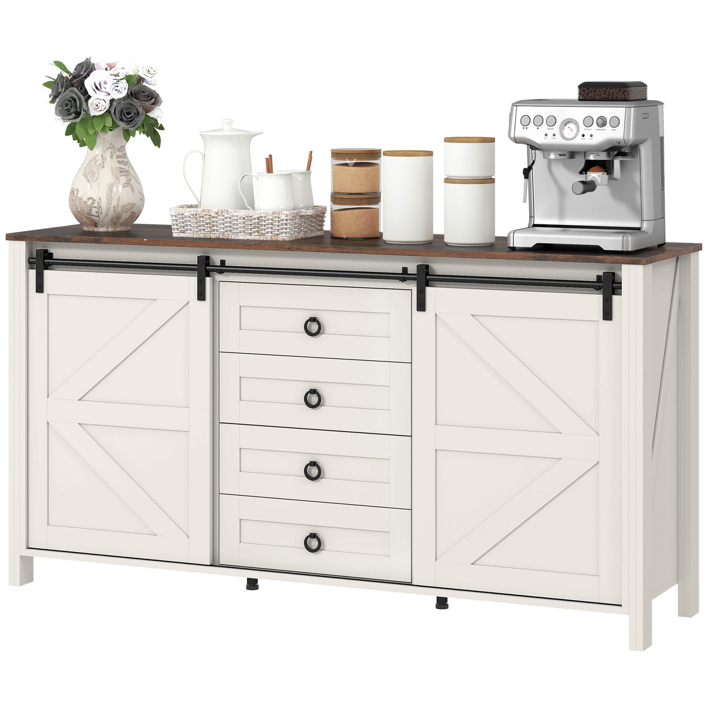 60" Buffet Cabinet, Farmhouse Sideboard with Sliding Barn Doors, Drawers and Adjustable Shelves, Cream White