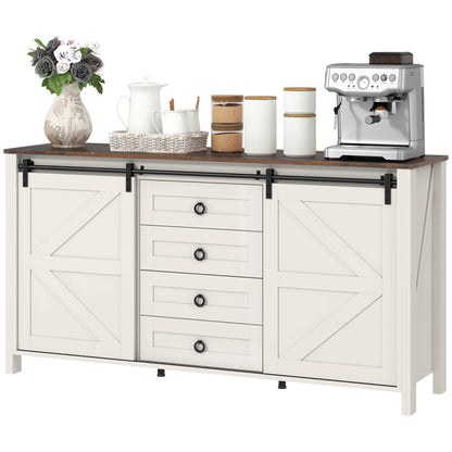 60" Farmhouse Buffet Cabinet with Sliding Barn Doors - Cream White