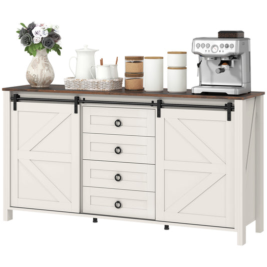 60" Farmhouse Buffet Cabinet with Sliding Barn Doors - Cream White